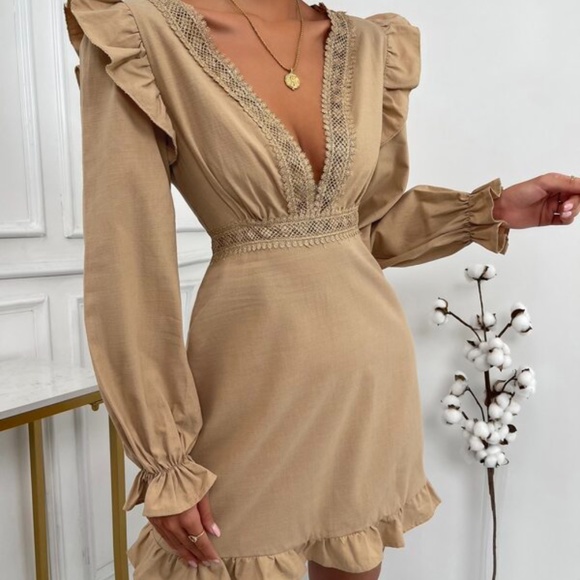 Classic Cream Plunging Neckline Lace Ruffle Sleeve Mini Dress - Picture 2 of 11